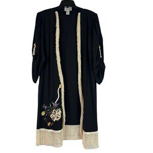 Lacy Afternoon by Shell Kepler Cardigan Black Floral Fringe Womens Large Vintage